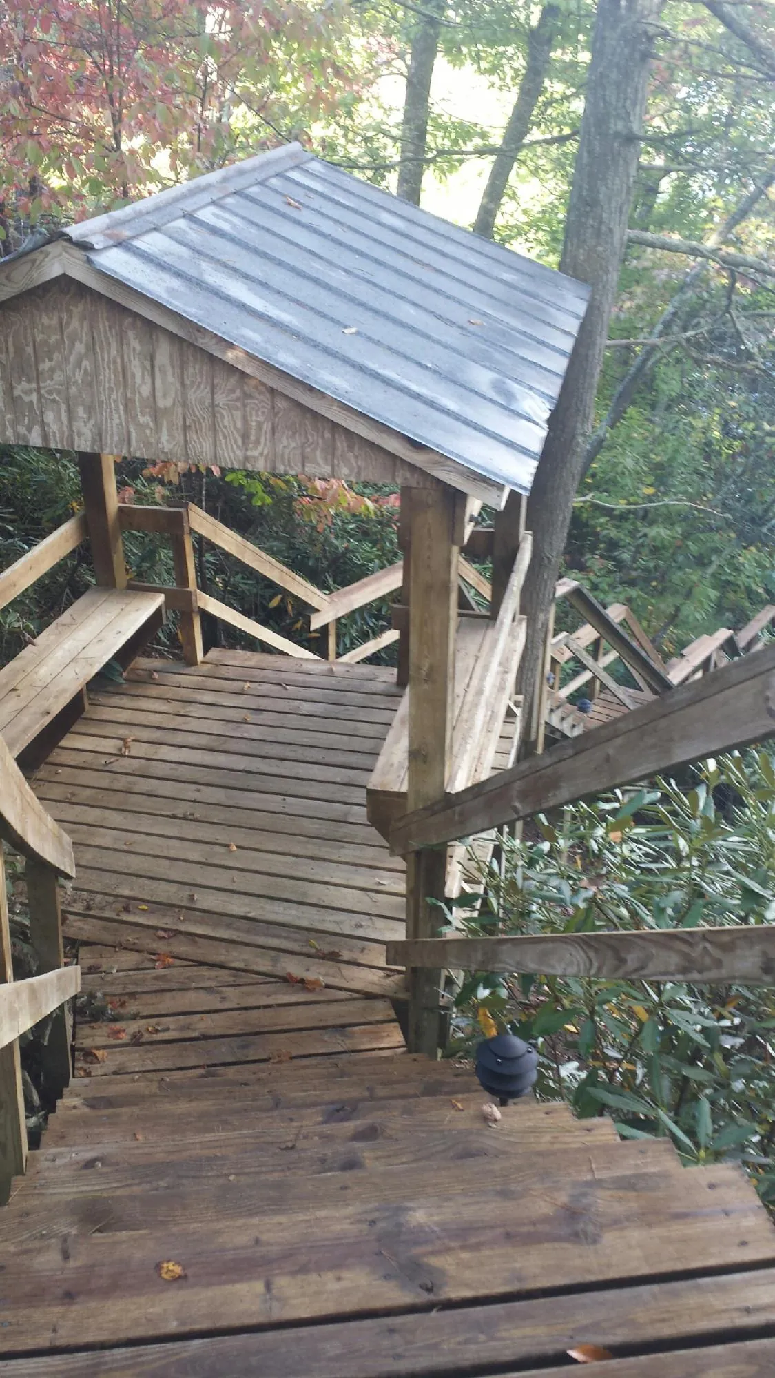 Metal roofed shelter over wooden steps on a wooded walkway — Skylight Repair & Installation work by our crew in Braddyville